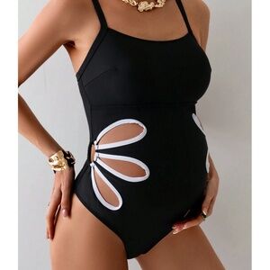 Black One-Piece Swimsuit with White Cutout Trim